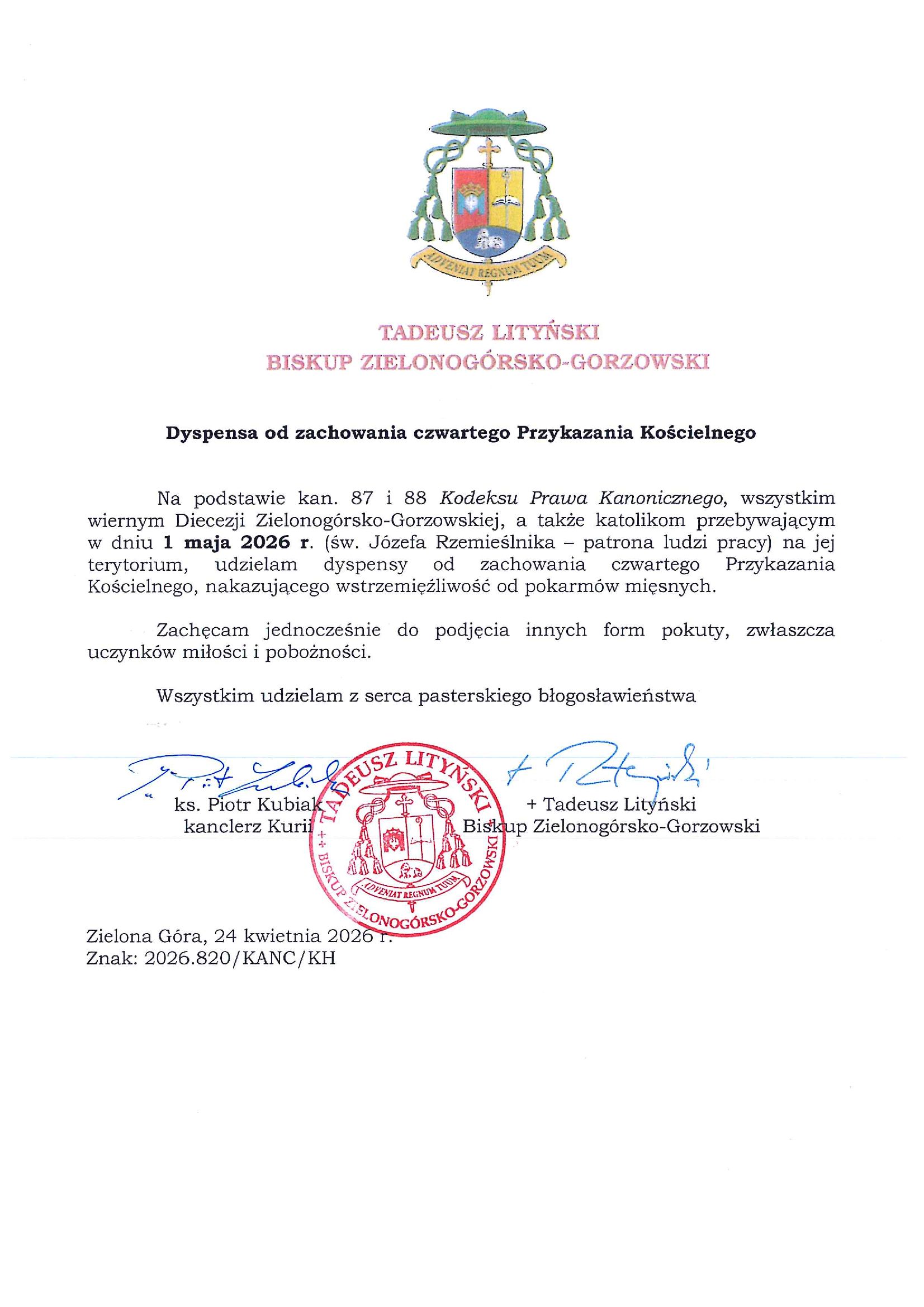 Dyspensa na dzień 1 maja (piątek)